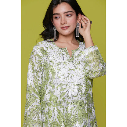 House of Chikankari Mulmul Chikankari Printed Womens Kurta with Pants-Green (Set of 2)