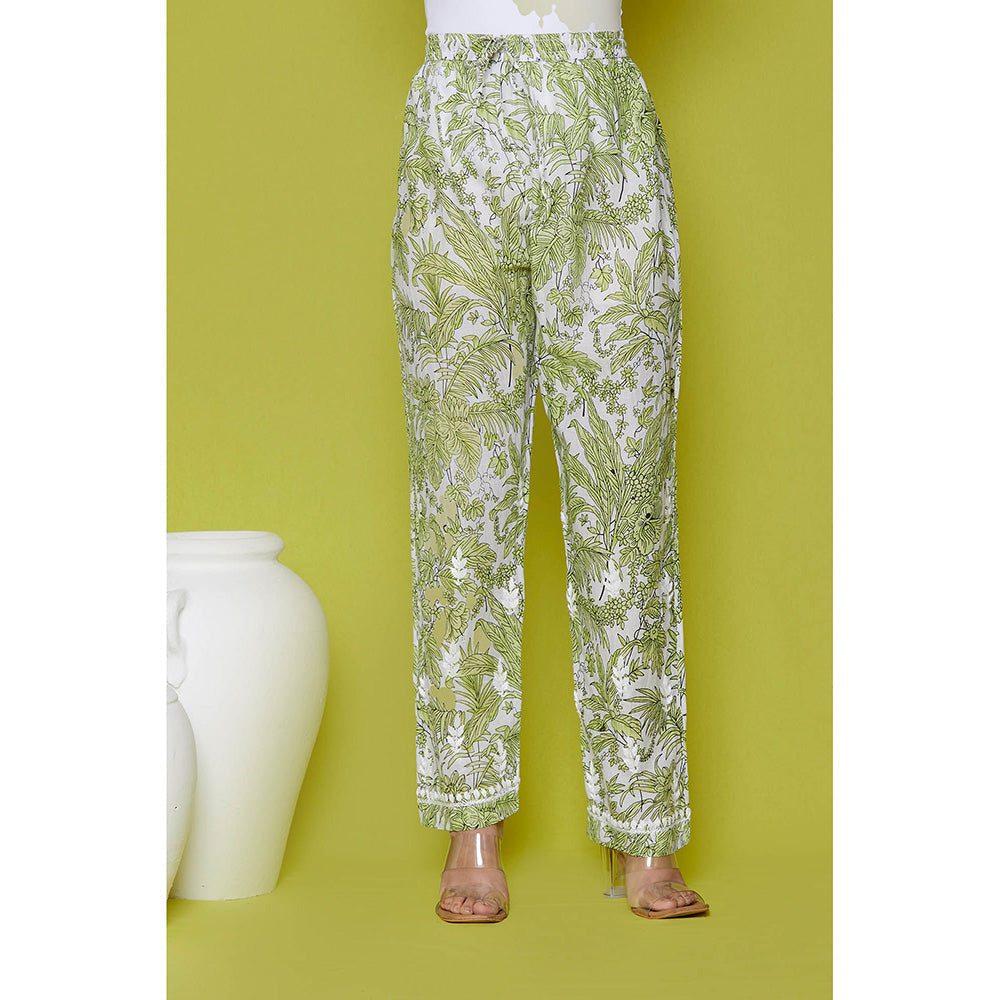 House of Chikankari Mulmul Chikankari Printed Womens Kurta with Pants-Green (Set of 2)