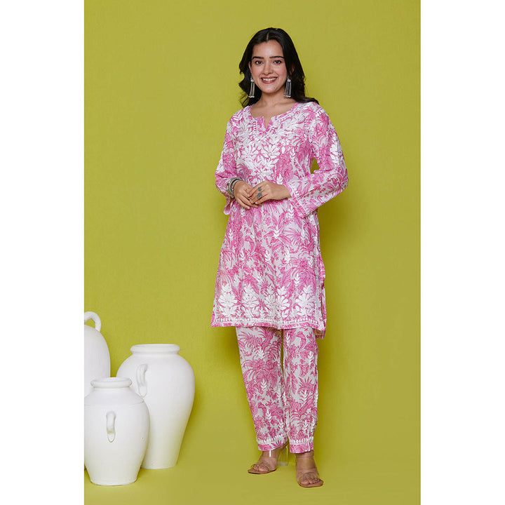 House of Chikankari Mulmul Chikankari Printed Womens Kurta with Pants-Pink (Set of 2)