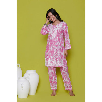 House of Chikankari Mulmul Chikankari Printed Womens Kurta with Pants-Pink (Set of 2)