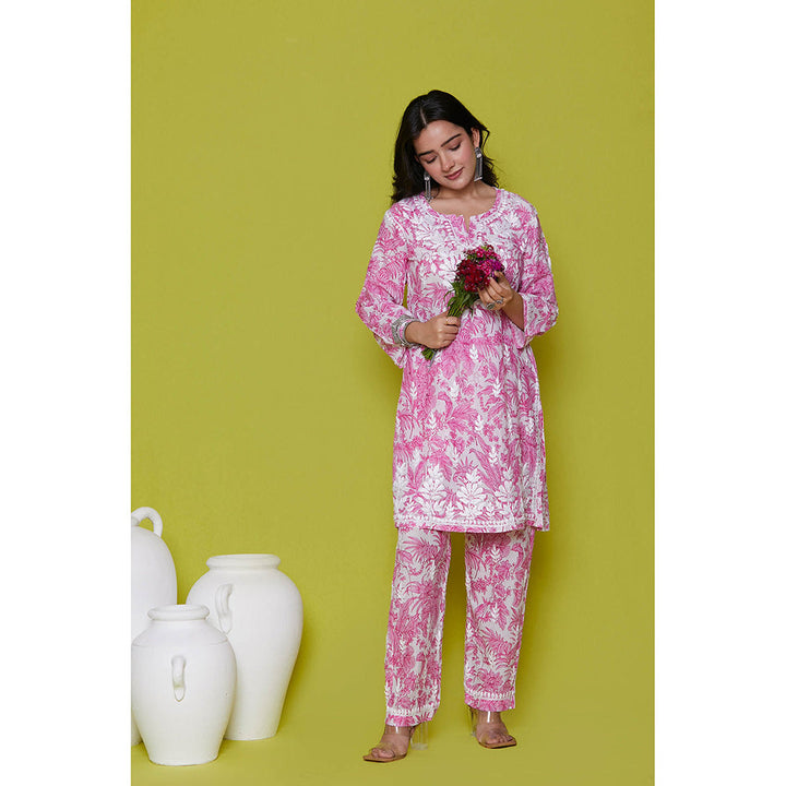 House of Chikankari Mulmul Chikankari Printed Womens Kurta with Pants-Pink (Set of 2)