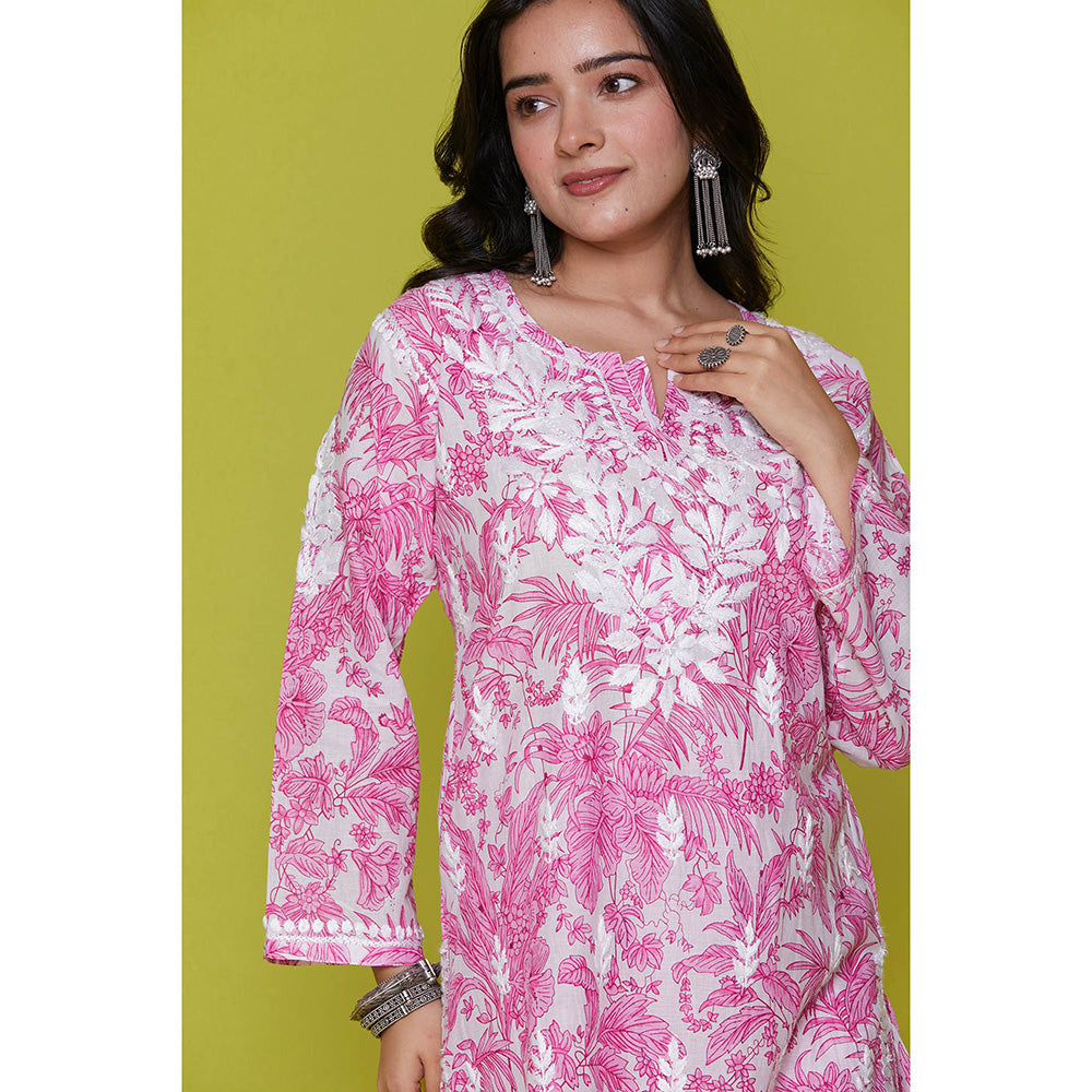 House of Chikankari Mulmul Chikankari Printed Womens Kurta with Pants-Pink (Set of 2)