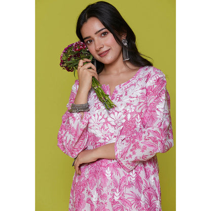 House of Chikankari Mulmul Chikankari Printed Womens Kurta with Pants-Pink (Set of 2)