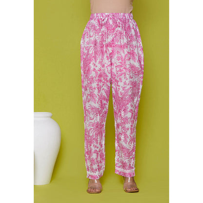 House of Chikankari Mulmul Chikankari Printed Womens Kurta with Pants-Pink (Set of 2)