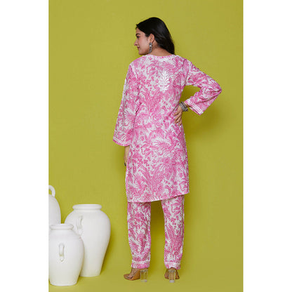House of Chikankari Mulmul Chikankari Printed Womens Kurta with Pants-Pink (Set of 2)