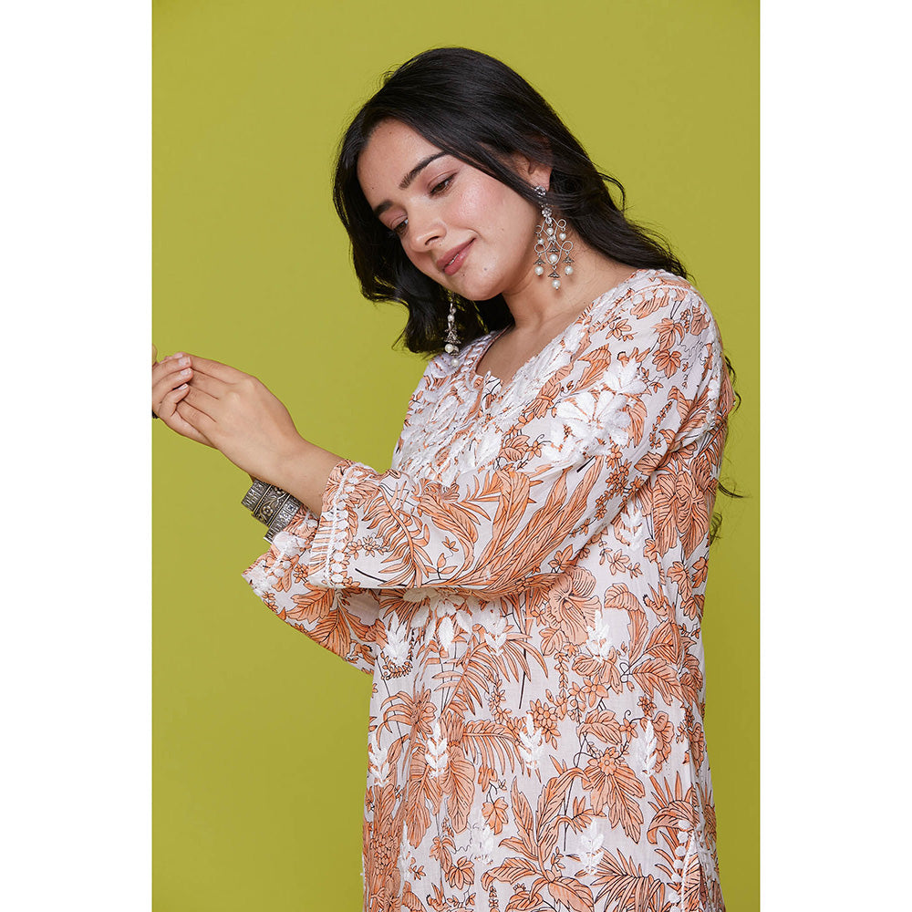 House of Chikankari Mulmul Chikankari Printed Womens Kurta with Pants-Orange (Set of 2)