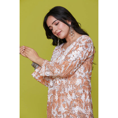 House of Chikankari Mulmul Chikankari Printed Womens Kurta with Pants-Orange (Set of 2)