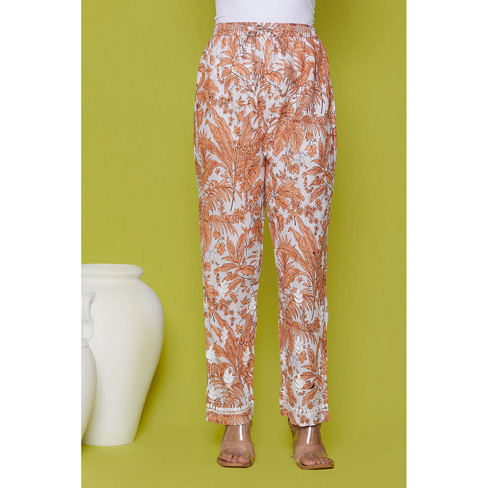House of Chikankari Mulmul Chikankari Printed Womens Kurta with Pants-Orange (Set of 2)