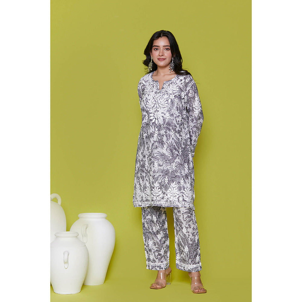 House of Chikankari Mulmul Chikankari Printed Womens Kurta with Pants-Grey (Set of 2)