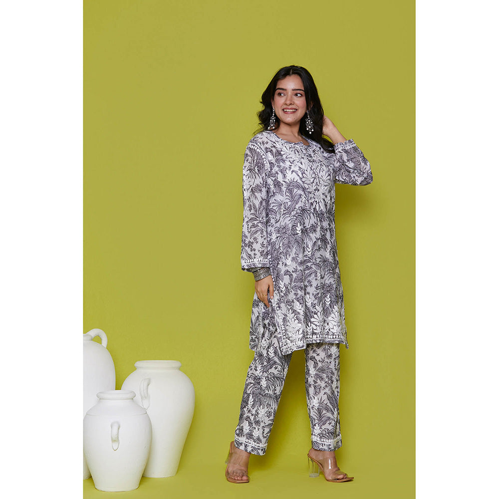 House of Chikankari Mulmul Chikankari Printed Womens Kurta with Pants-Grey (Set of 2)