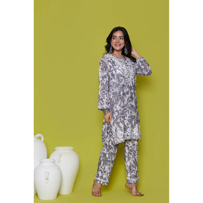 House of Chikankari Mulmul Chikankari Printed Womens Kurta with Pants-Grey (Set of 2)