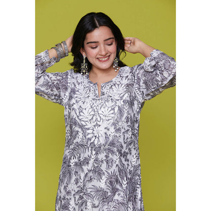 House of Chikankari Mulmul Chikankari Printed Womens Kurta with Pants-Grey (Set of 2)