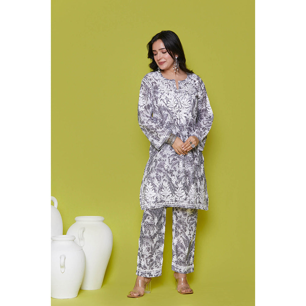 House of Chikankari Mulmul Chikankari Printed Womens Kurta with Pants-Grey (Set of 2)