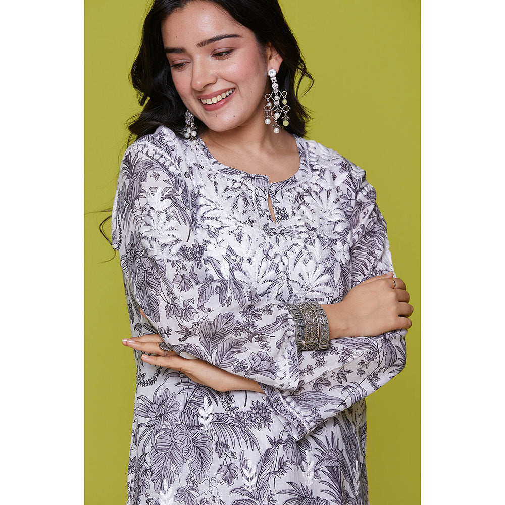 House of Chikankari Mulmul Chikankari Printed Womens Kurta with Pants-Grey (Set of 2)