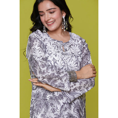 House of Chikankari Mulmul Chikankari Printed Womens Kurta with Pants-Grey (Set of 2)