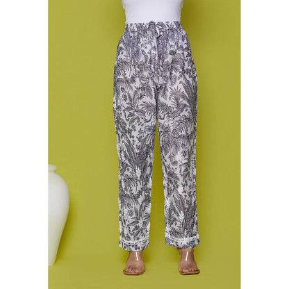 House of Chikankari Mulmul Chikankari Printed Womens Kurta with Pants-Grey (Set of 2)