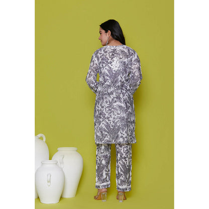 House of Chikankari Mulmul Chikankari Printed Womens Kurta with Pants-Grey (Set of 2)