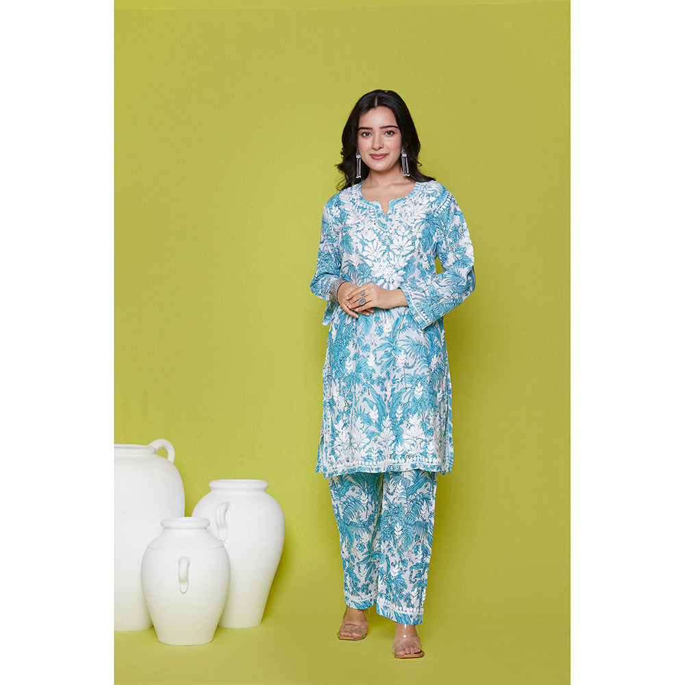 House of Chikankari Mulmul Chikankari Printed Womens Kurta with Pants-Blue (Set of 2)