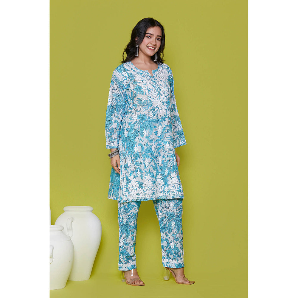 House of Chikankari Mulmul Chikankari Printed Womens Kurta with Pants-Blue (Set of 2)