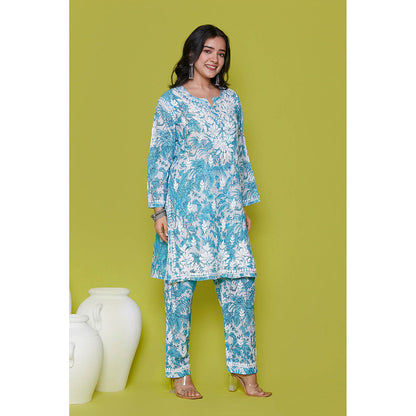 House of Chikankari Mulmul Chikankari Printed Womens Kurta with Pants-Blue (Set of 2)