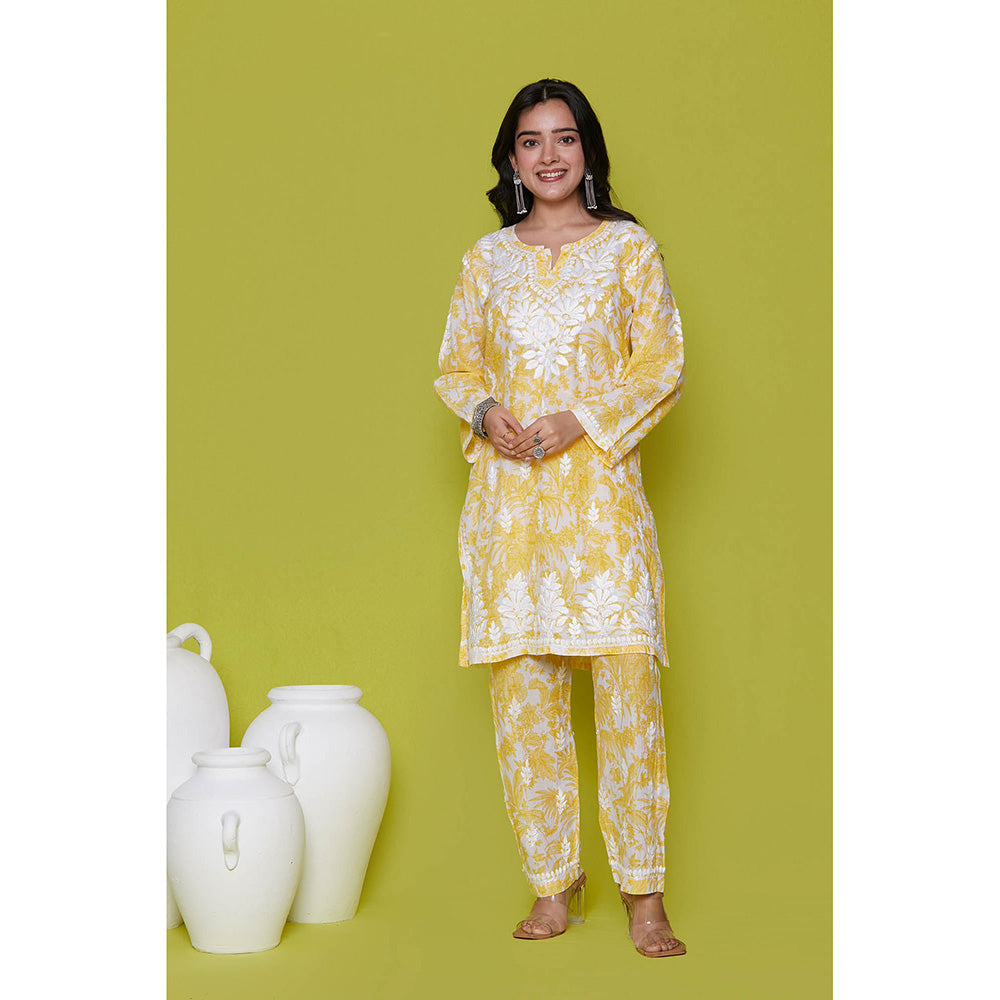 House of Chikankari Mulmul Chikankari Printed Womens Kurta with Pants-Yellow (Set of 2)