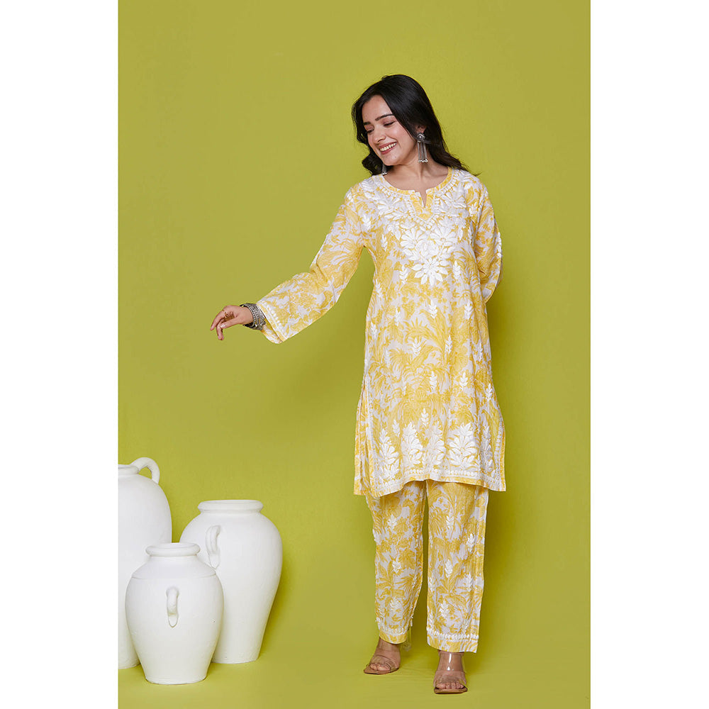 House of Chikankari Mulmul Chikankari Printed Womens Kurta with Pants-Yellow (Set of 2)