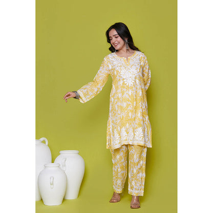 House of Chikankari Mulmul Chikankari Printed Womens Kurta with Pants-Yellow (Set of 2)