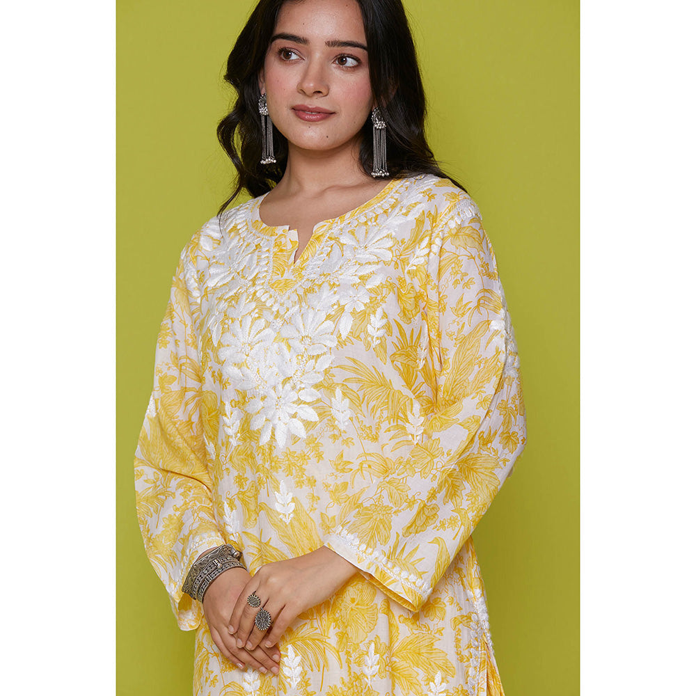 House of Chikankari Mulmul Chikankari Printed Womens Kurta with Pants-Yellow (Set of 2)
