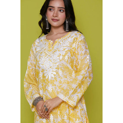 House of Chikankari Mulmul Chikankari Printed Womens Kurta with Pants-Yellow (Set of 2)