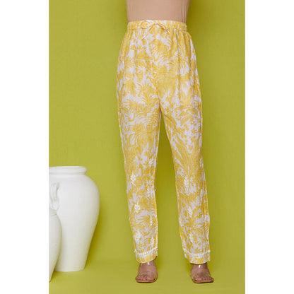 House of Chikankari Mulmul Chikankari Printed Womens Kurta with Pants-Yellow (Set of 2)