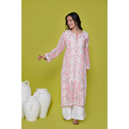 House of Chikankari Mulmul Chikankari Printed Womens Long Kurta-Pink