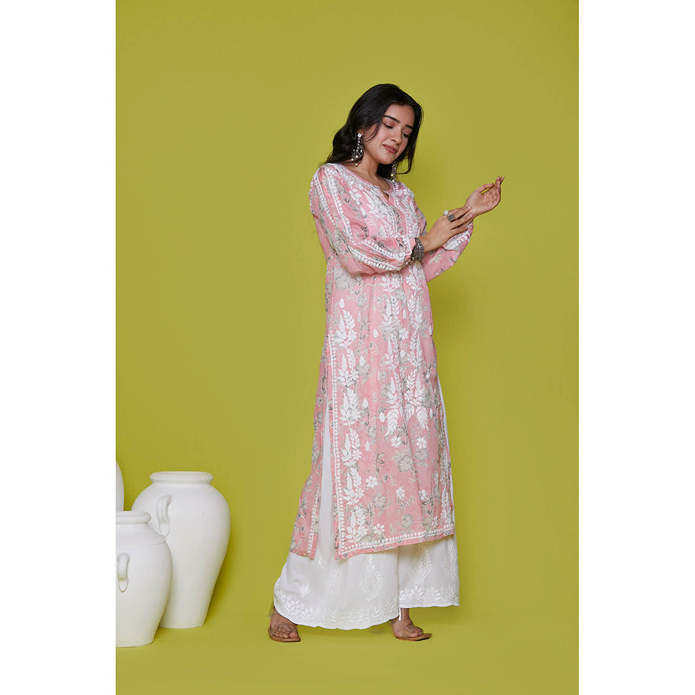 House of Chikankari Mulmul Chikankari Printed Womens Long Kurta-Pink