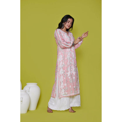 House of Chikankari Mulmul Chikankari Printed Womens Long Kurta-Pink
