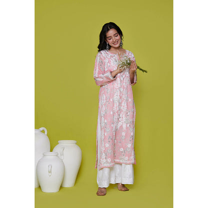 House of Chikankari Mulmul Chikankari Printed Womens Long Kurta-Pink