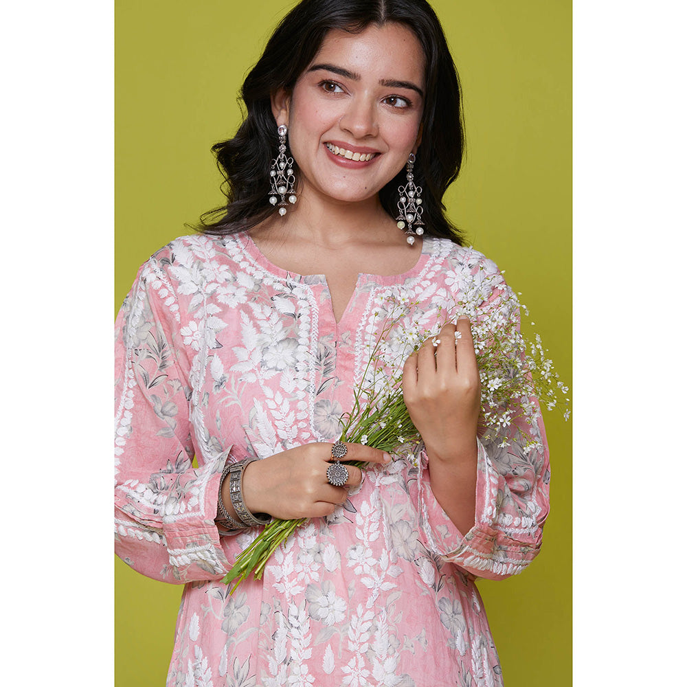 House of Chikankari Mulmul Chikankari Printed Womens Long Kurta-Pink