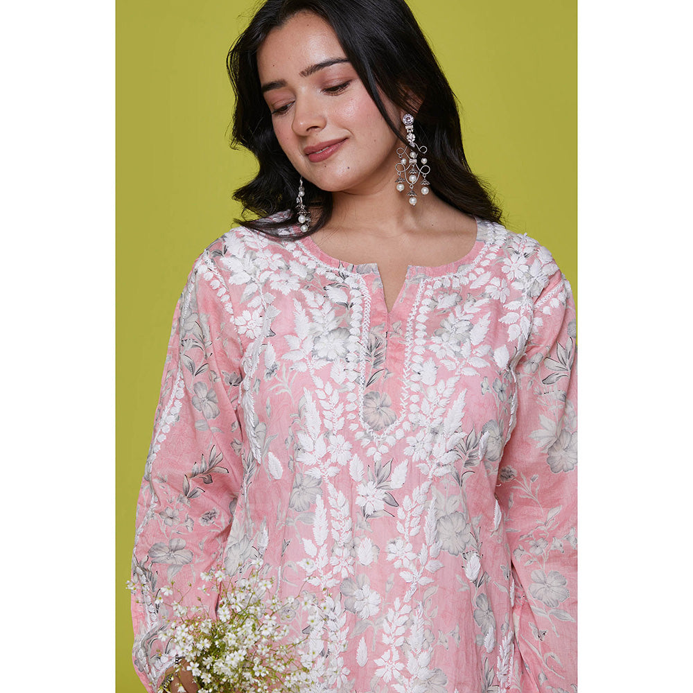 House of Chikankari Mulmul Chikankari Printed Womens Long Kurta-Pink