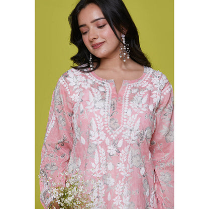 House of Chikankari Mulmul Chikankari Printed Womens Long Kurta-Pink