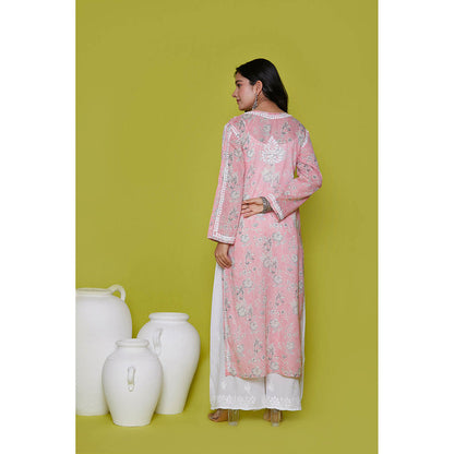 House of Chikankari Mulmul Chikankari Printed Womens Long Kurta-Pink