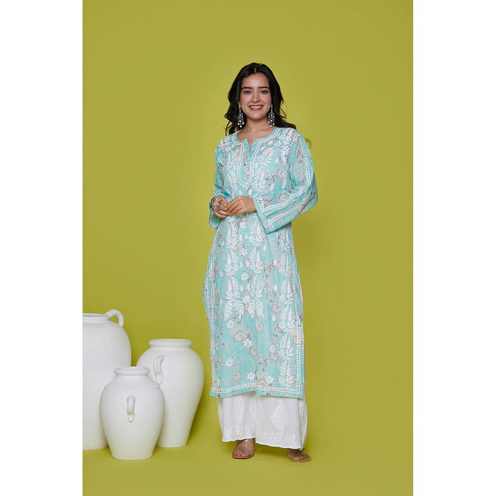 House of Chikankari Mulmul Chikankari Printed Womens Long Kurta-Blue