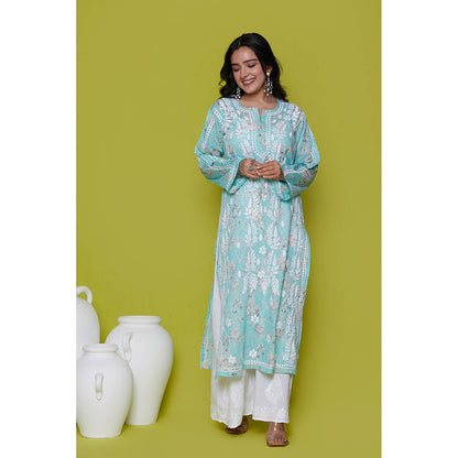 House of Chikankari Mulmul Chikankari Printed Womens Long Kurta-Blue
