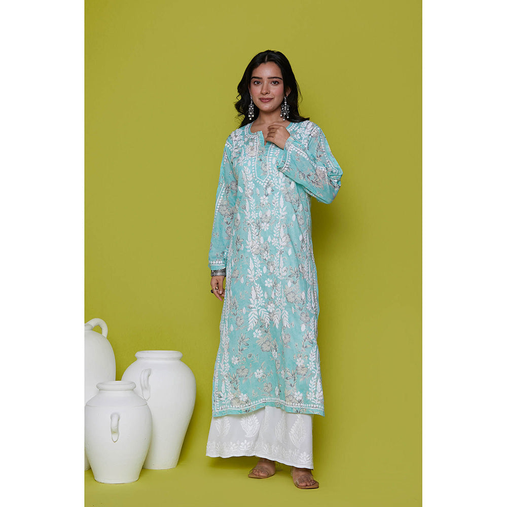 House of Chikankari Mulmul Chikankari Printed Womens Long Kurta-Blue