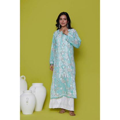 House of Chikankari Mulmul Chikankari Printed Womens Long Kurta-Blue