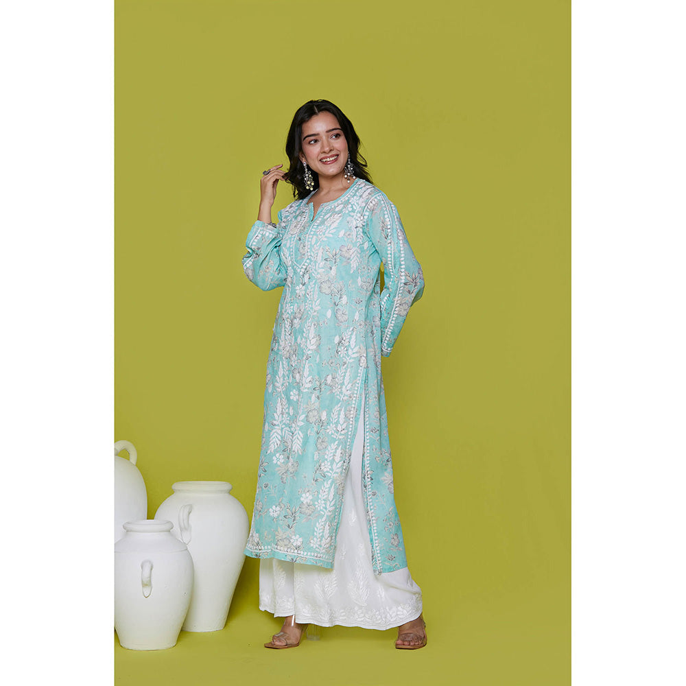 House of Chikankari Mulmul Chikankari Printed Womens Long Kurta-Blue
