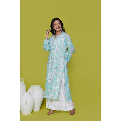 House of Chikankari Mulmul Chikankari Printed Womens Long Kurta-Blue