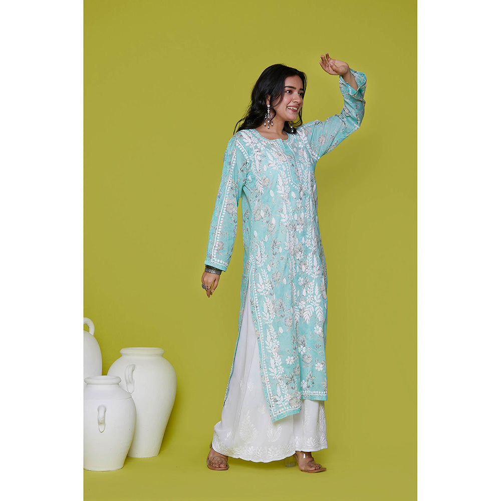 House of Chikankari Mulmul Chikankari Printed Womens Long Kurta-Blue