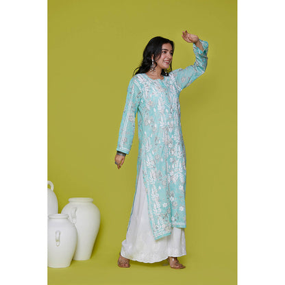 House of Chikankari Mulmul Chikankari Printed Womens Long Kurta-Blue