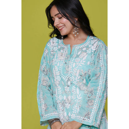 House of Chikankari Mulmul Chikankari Printed Womens Long Kurta-Blue