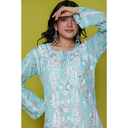 House of Chikankari Mulmul Chikankari Printed Womens Long Kurta-Blue