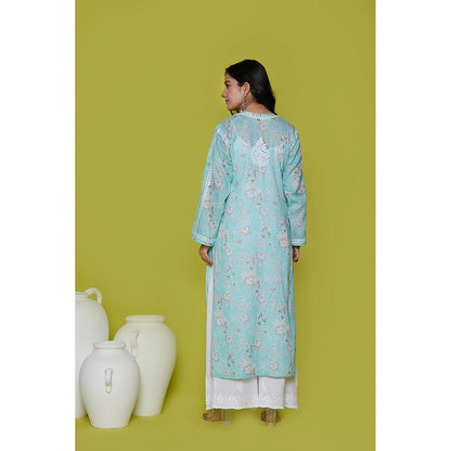 House of Chikankari Mulmul Chikankari Printed Womens Long Kurta-Blue