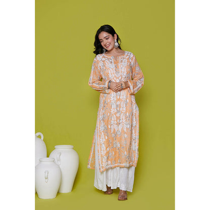 House of Chikankari Mulmul Chikankari Printed Womens Long Kurta-Orange